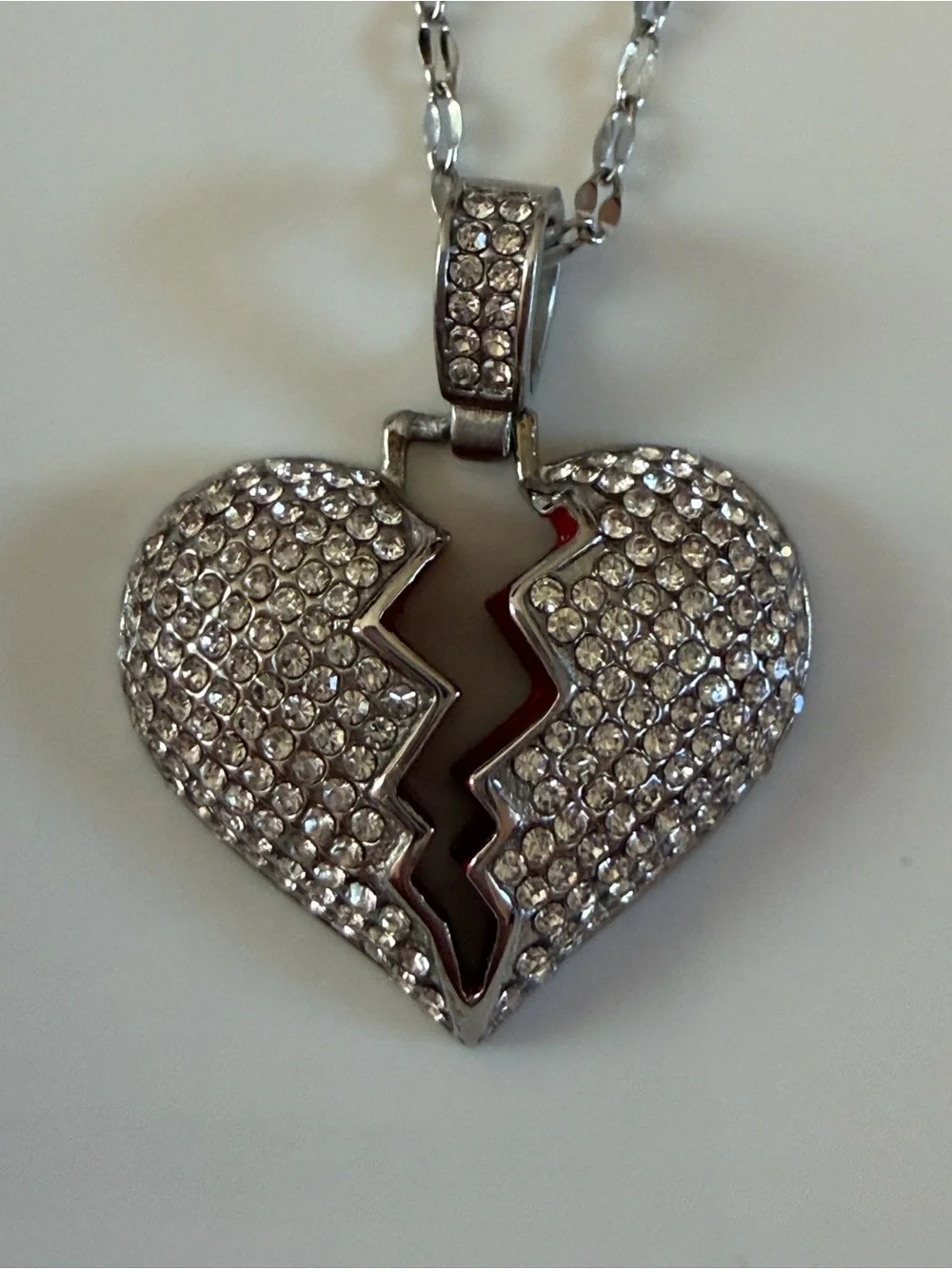 Silver Crystal Pavé Broken Heart Pendant Necklace - Women Jewelry